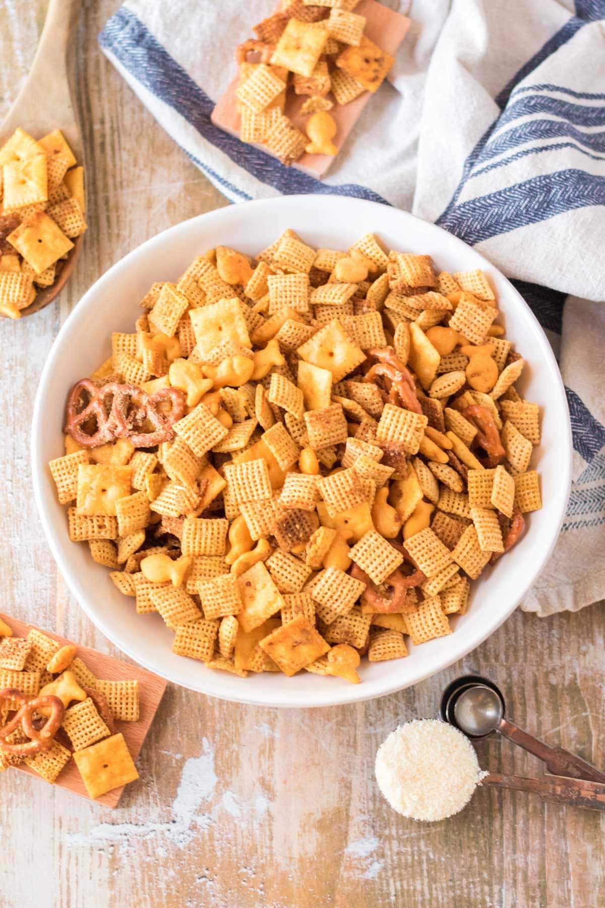cheese chex mix in a large bowl