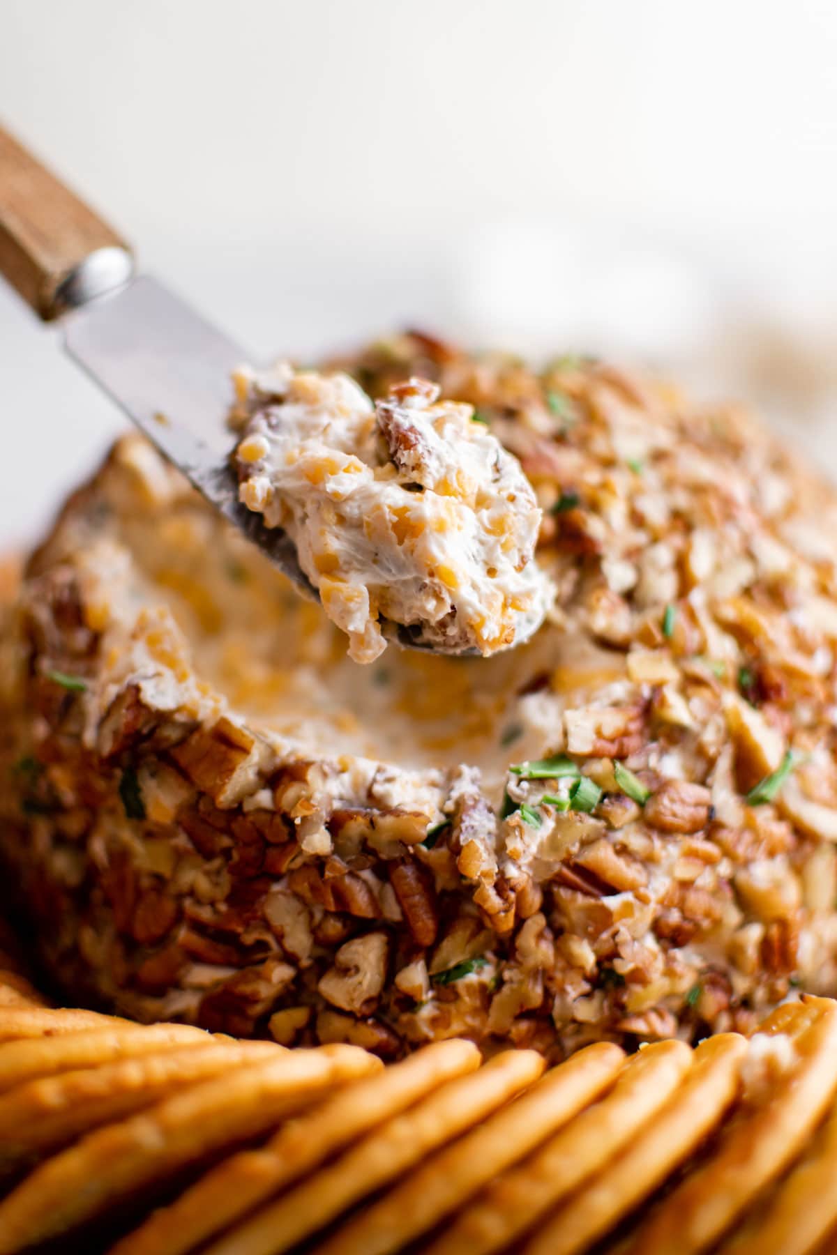 cheese ball with pecans and chives, a mini spreader 