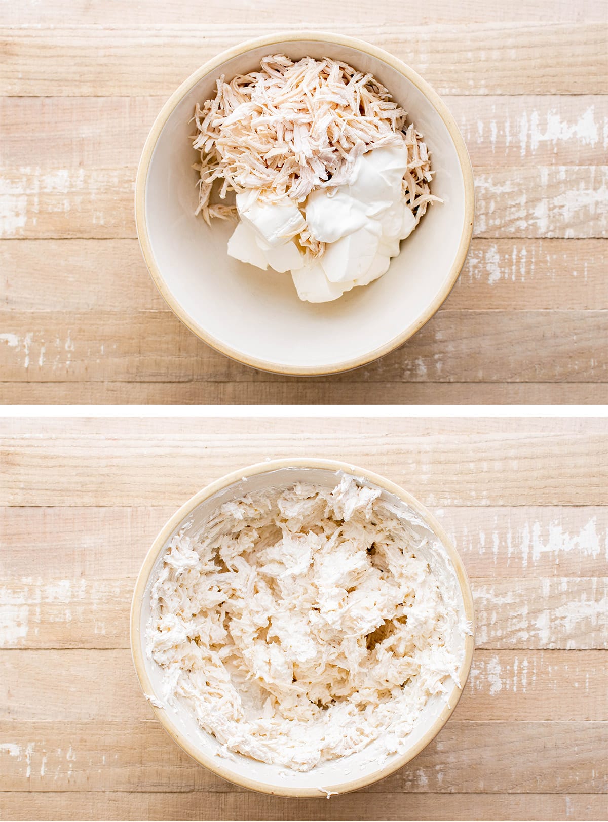 collage of 2 images with chicken and cream cheese in a bowl