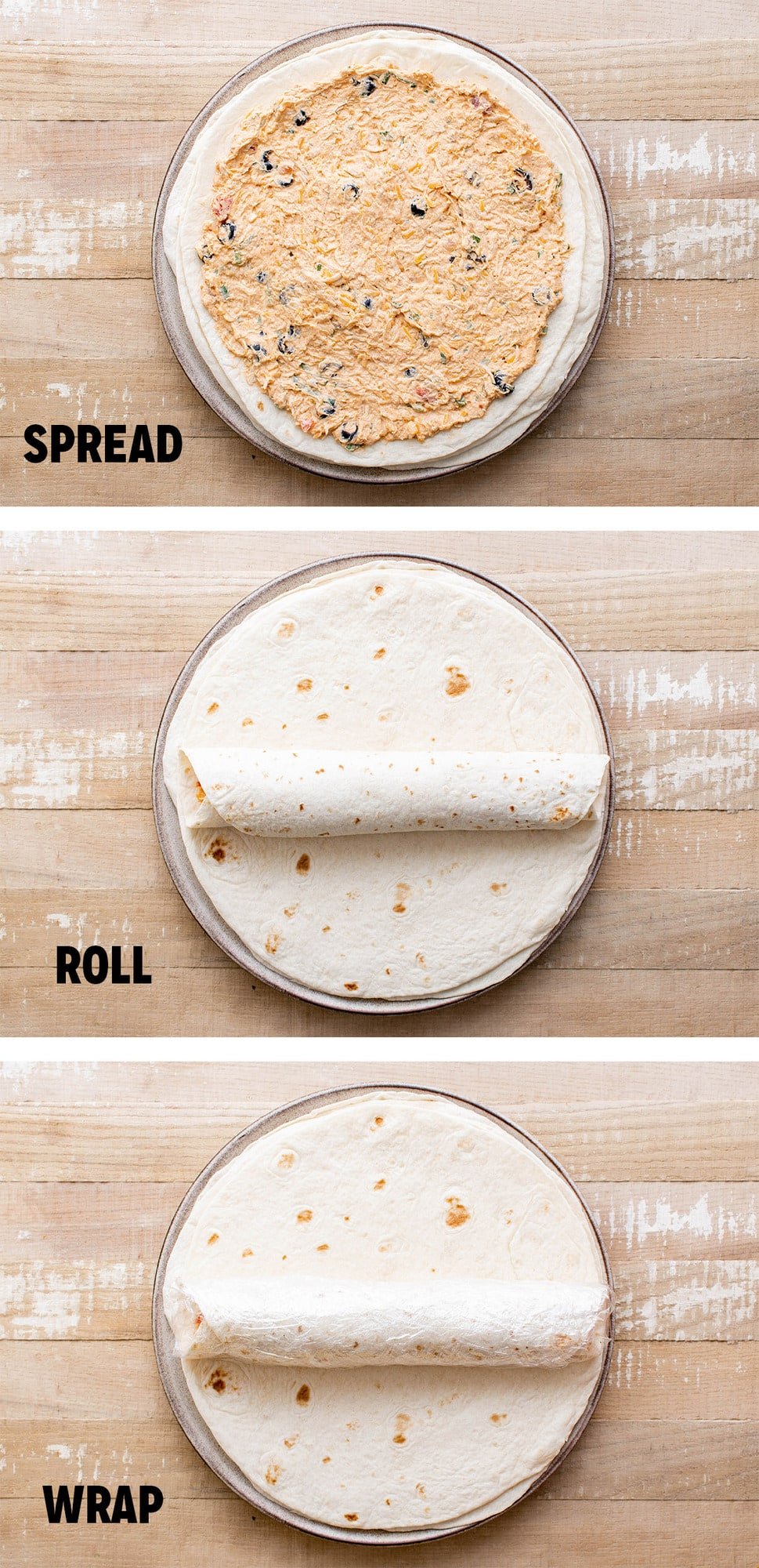 chicken and cheese mixture spead on a flour tortilla, images showing how to roll up tortilla pinwheels