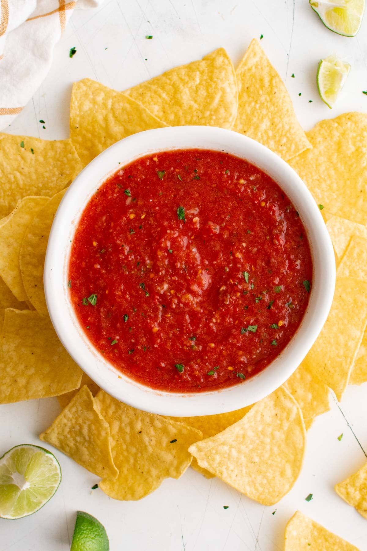 bowl of salsa surround by tortilla chips