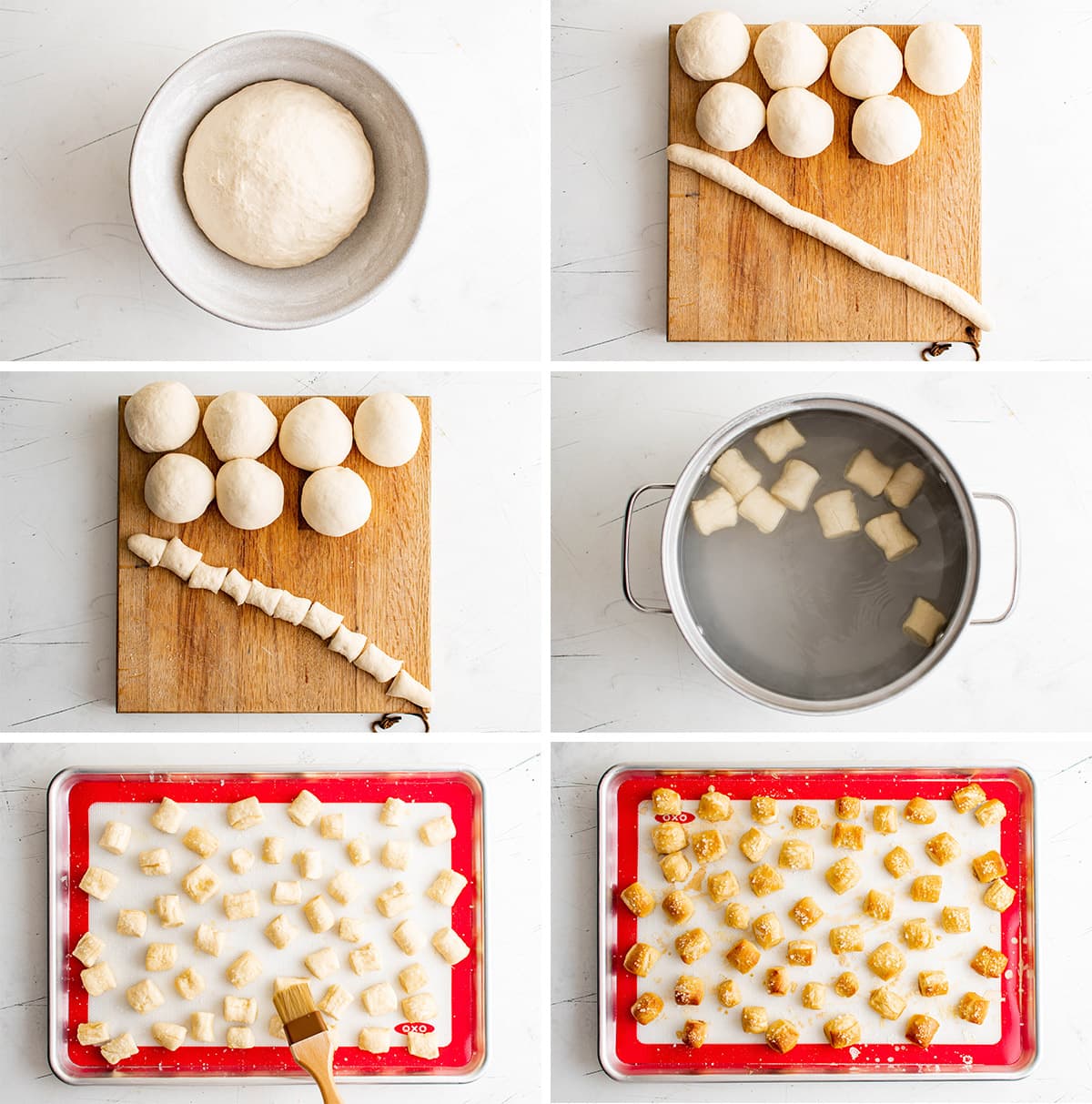 collage of images showing how to shape and bake the dough for pretzel bites