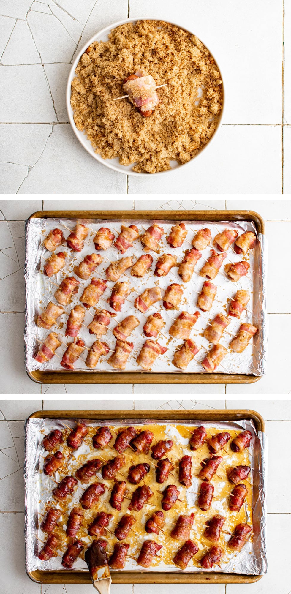 collage of images showing how to make bacon wrapped little smokies