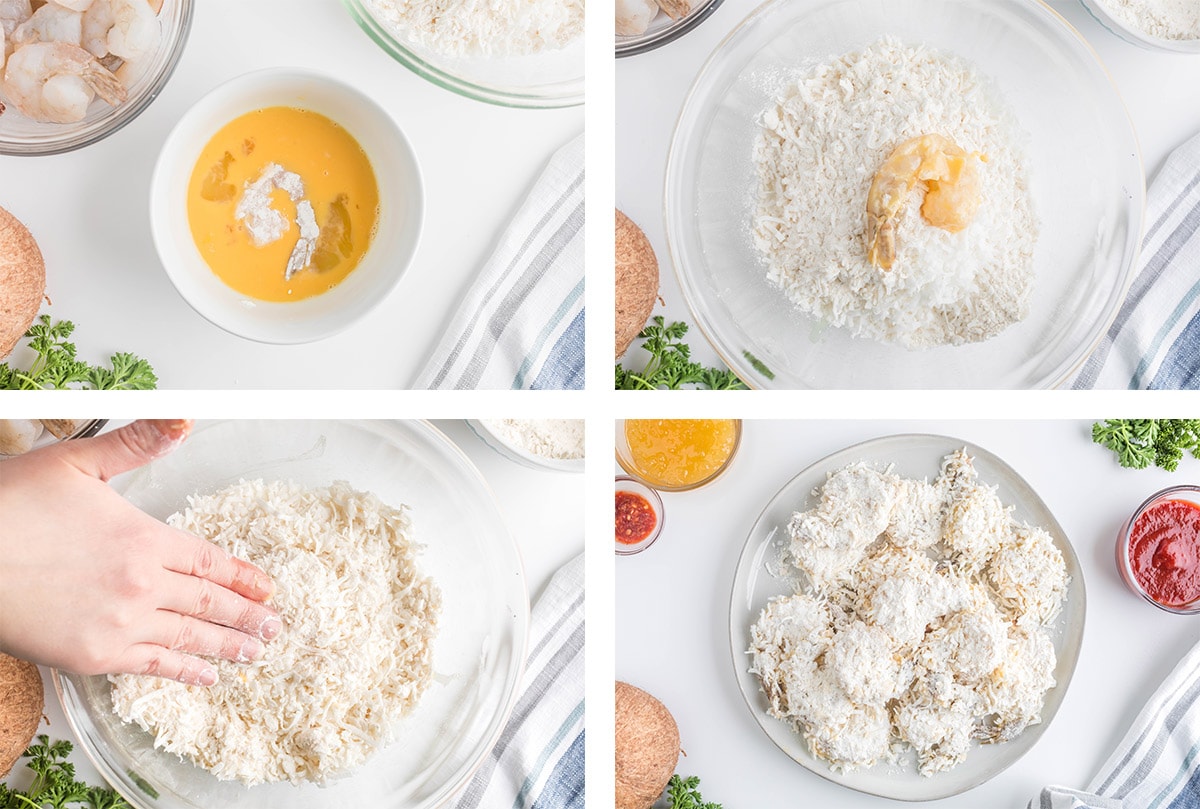 images showing how to coat shrimp with coconut