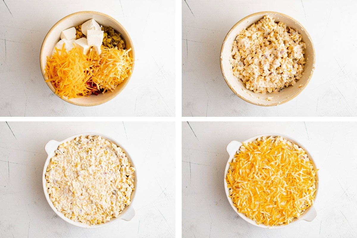 collage of images showing the steps of making corn dip
