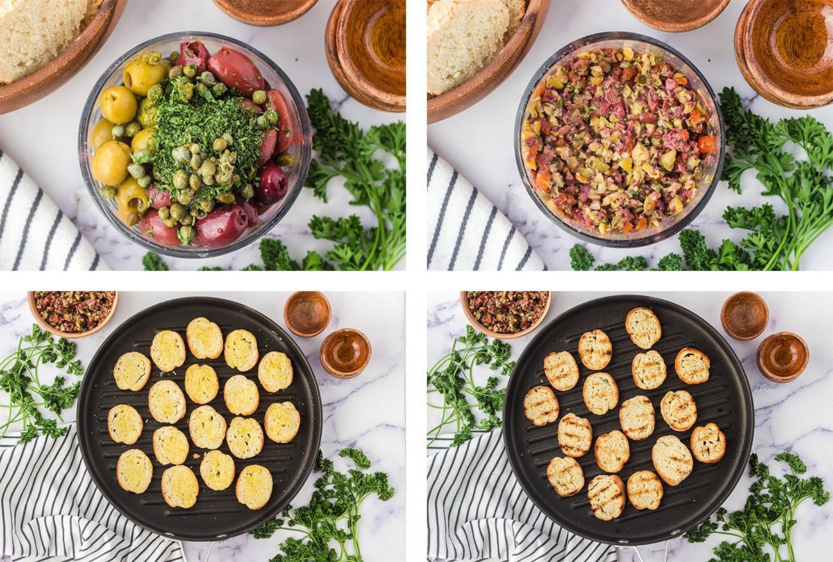 collageof images showing how to make olive tapenade and crostini