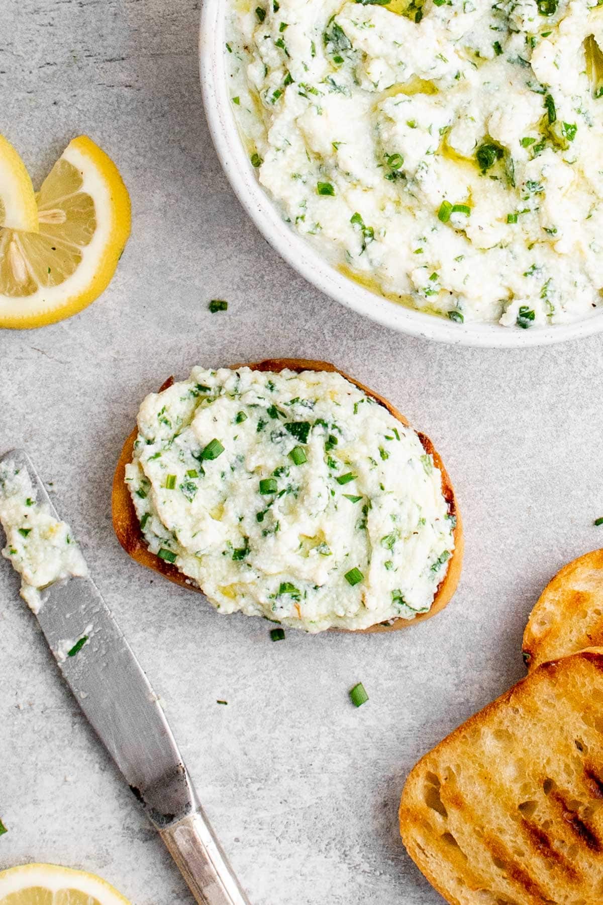ricotta dip on toast and in a bowl