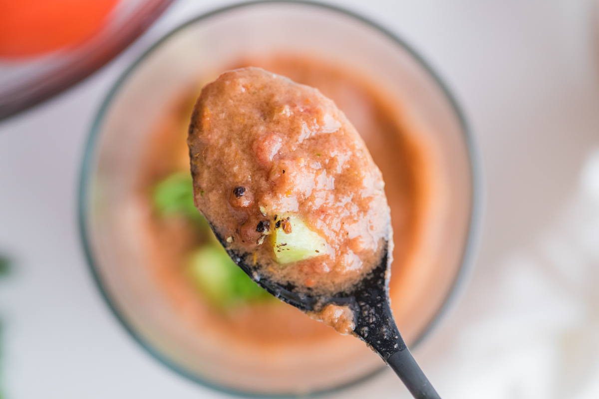 a spoon holding a serving of gazpacho soup