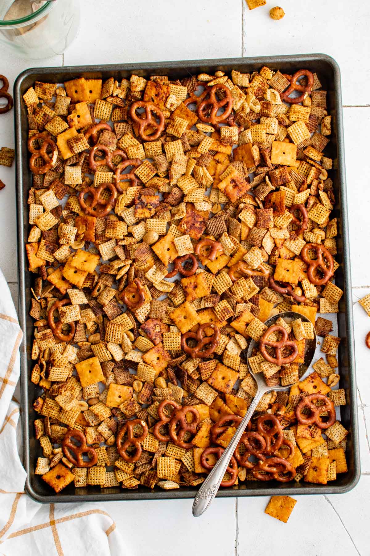 sheet pan with spicy chex mix