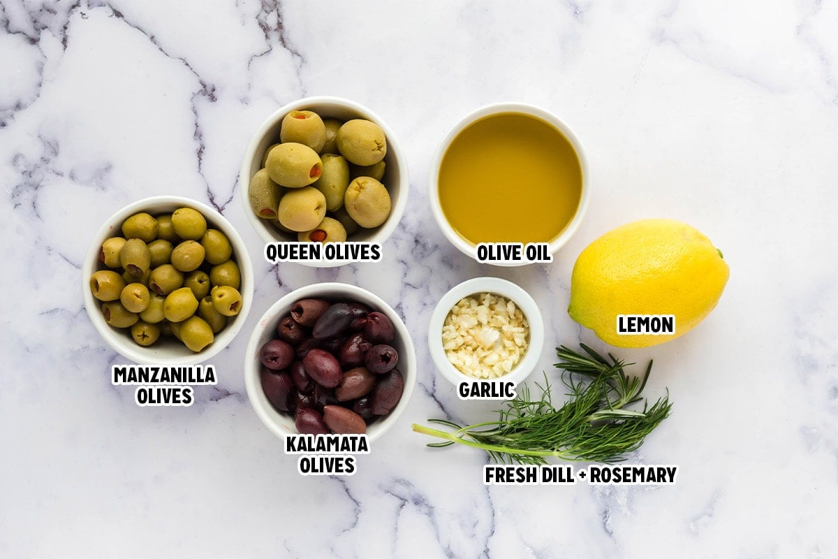 Ingredients needed for marinated olives.