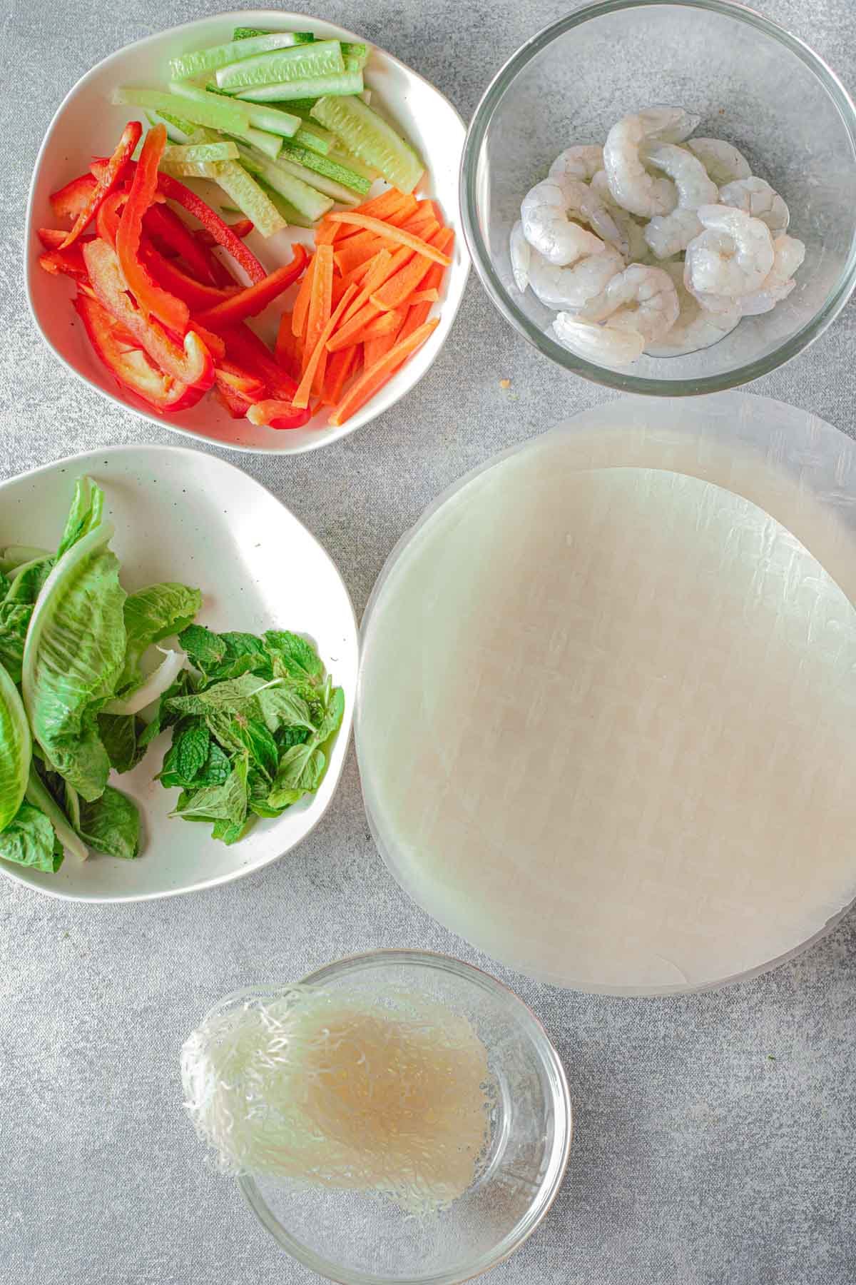 Ingredients for shrimp spring rolls.