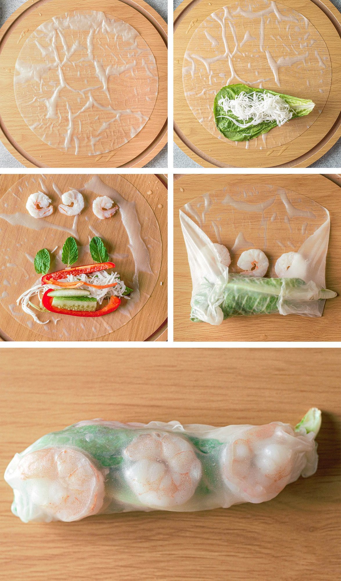 Collage showing how to make spring rolls. 