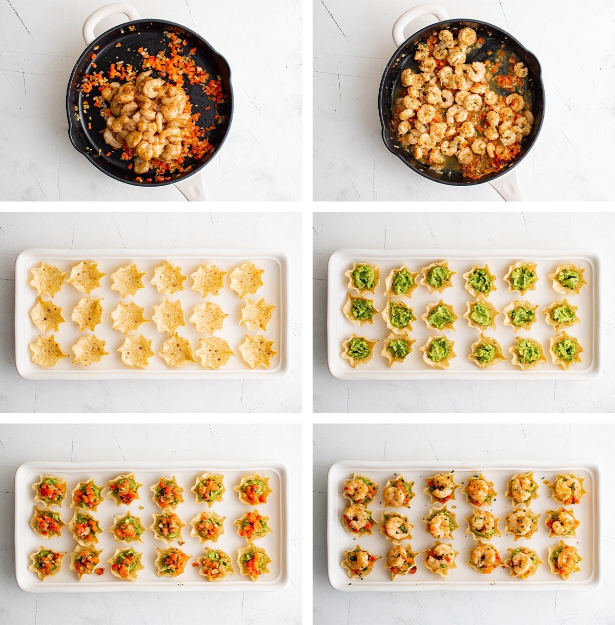 Collage of images showing the steps for assembling shrimp taco cups. 