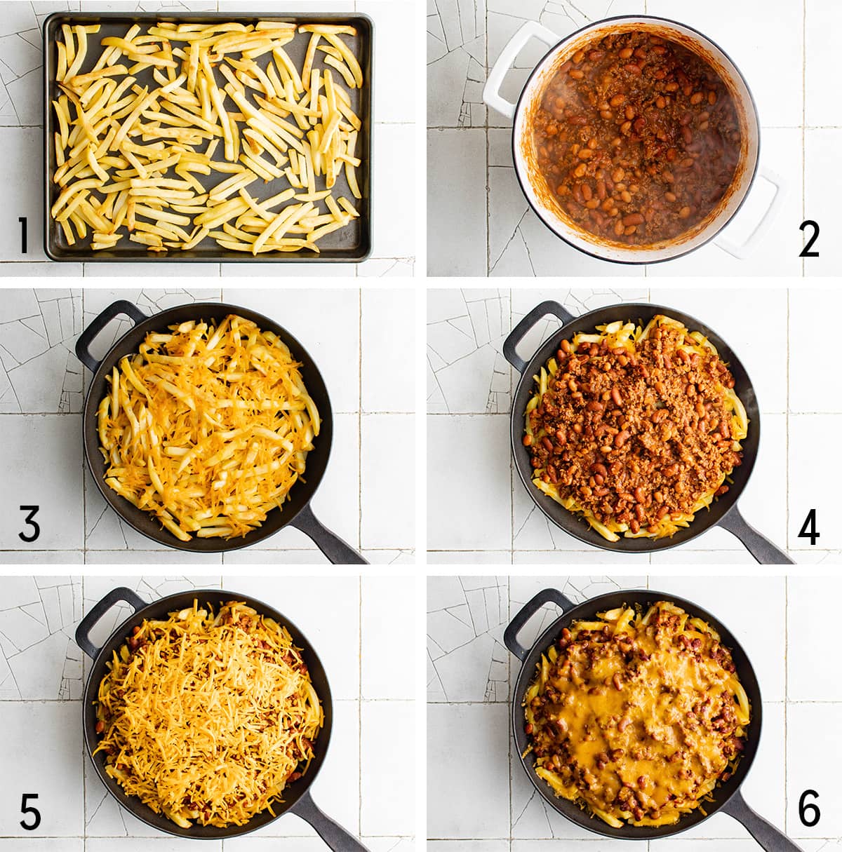 Collage of images showing how to make chili cheese fries. 