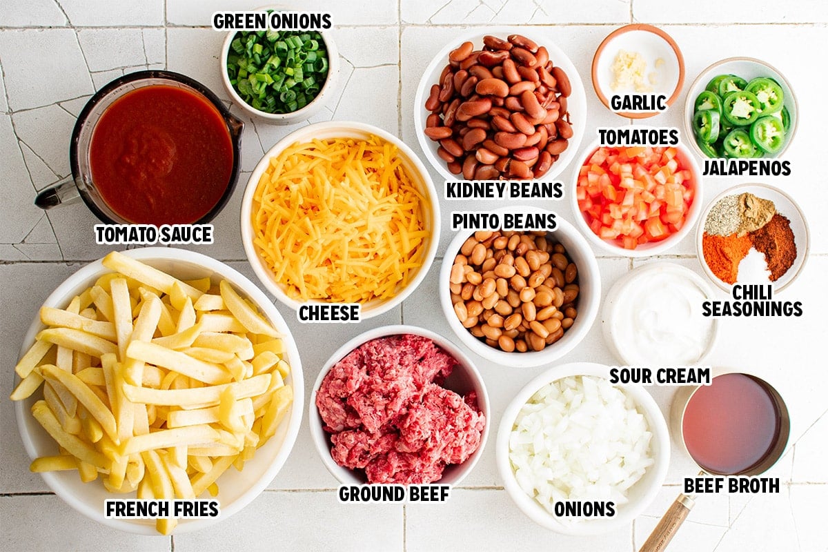 Ingredients to make homemade chili cheese fries