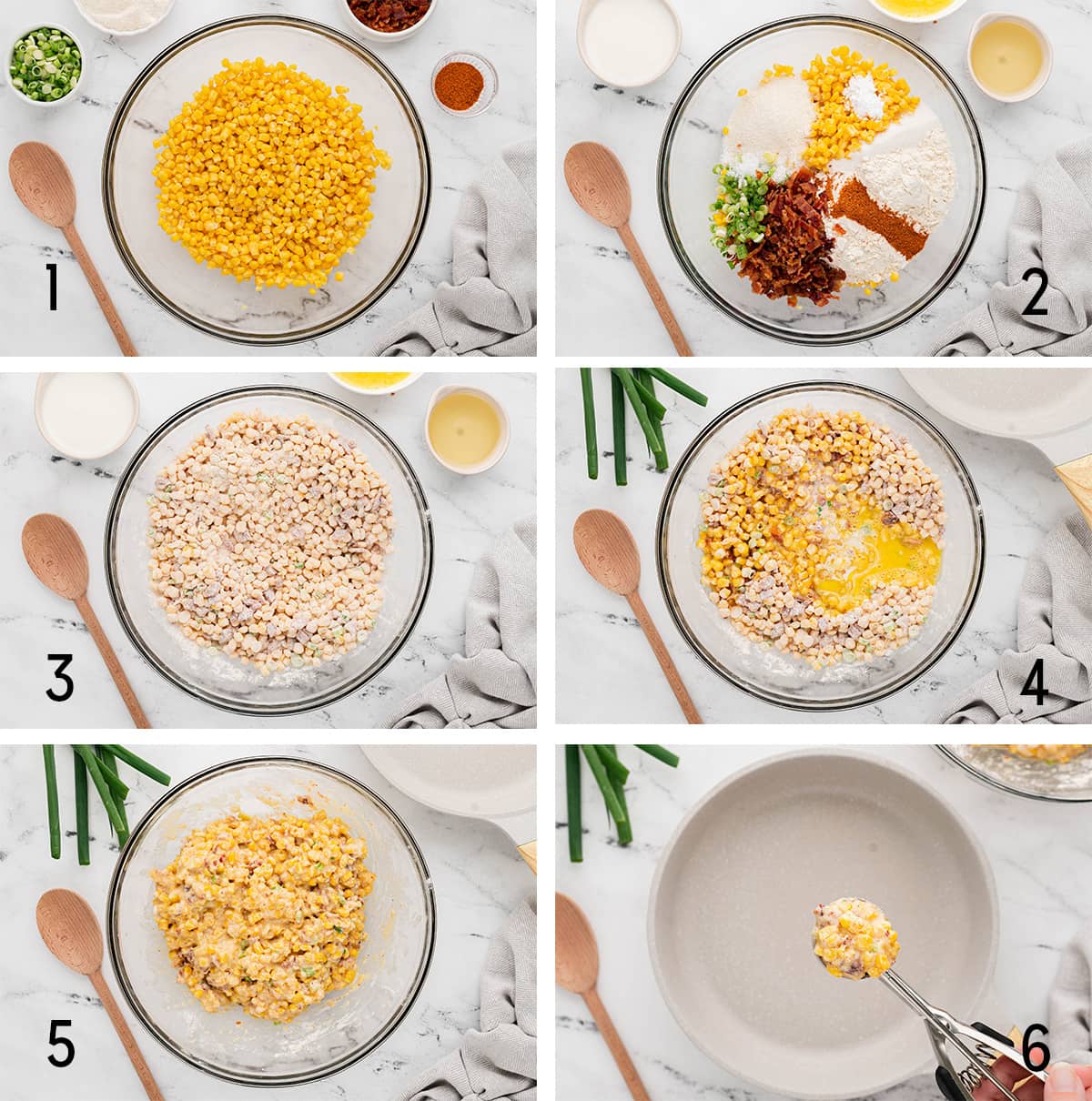 Collage of images showing how to make mini corn cakes.