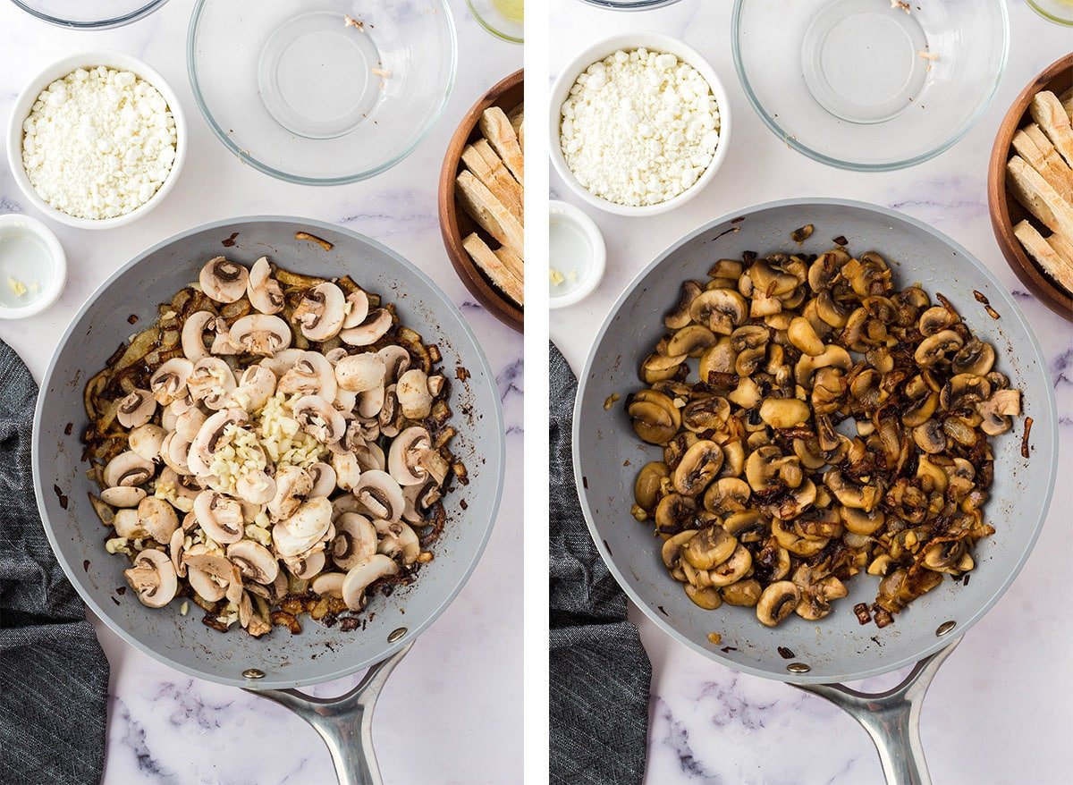 Collage of two images showing how to saute mushrooms and onions. 