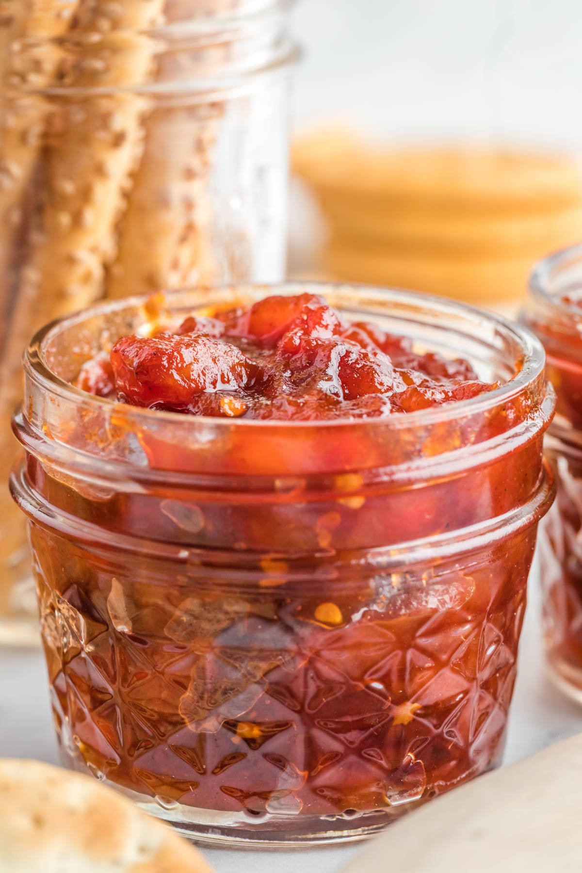 Tomato jam in a small jar. 