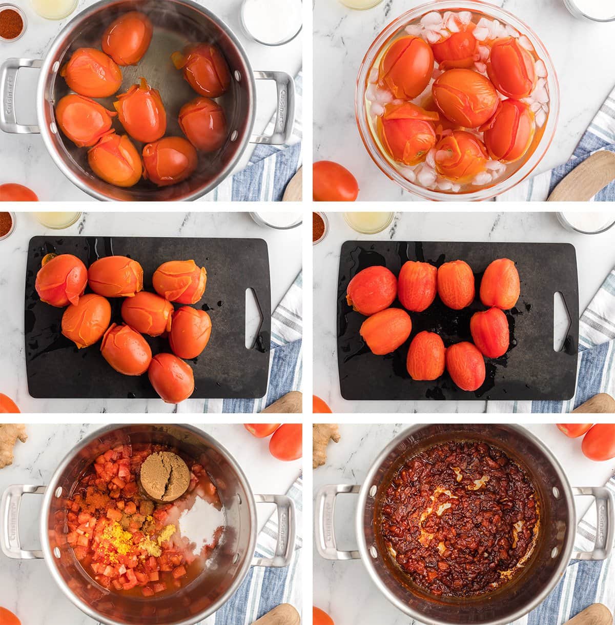 Collage of images showing how to make tomato jam. 