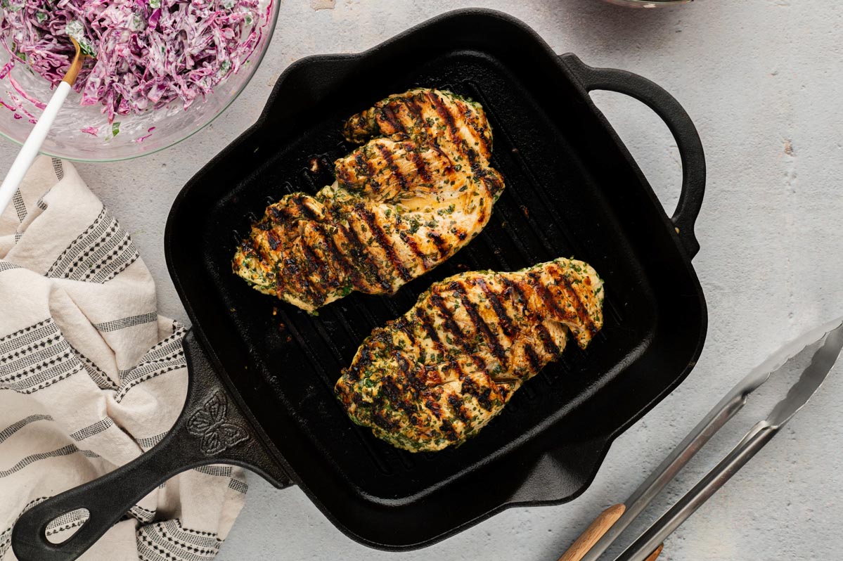 Chicken on a skillet grill.