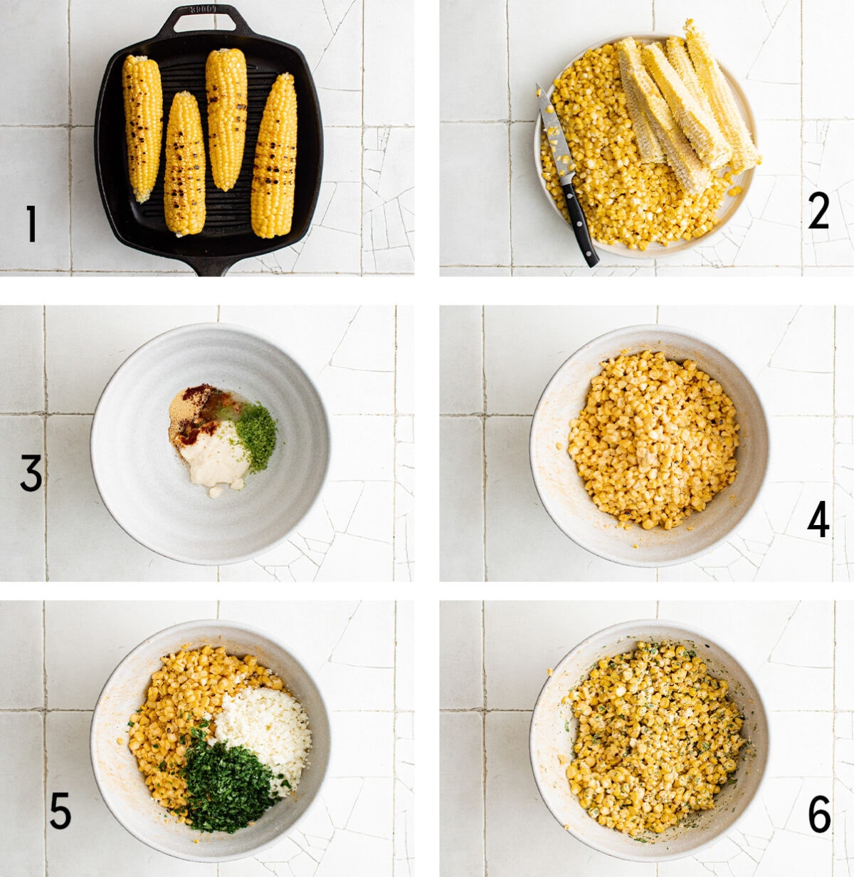 Collage of images showing how to grill corn and make corn salad.