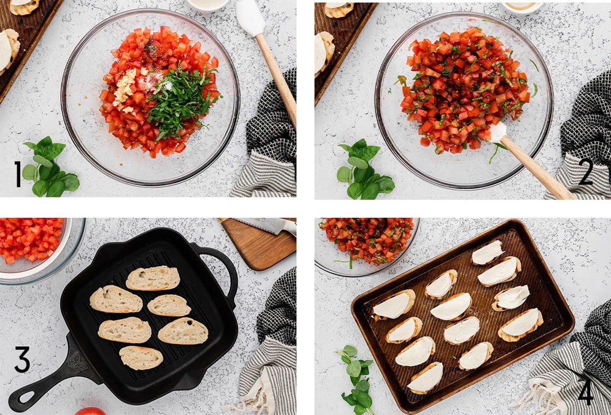 Collage of images showing how to make bruschetta and grill bread with mozzarella cheese. 