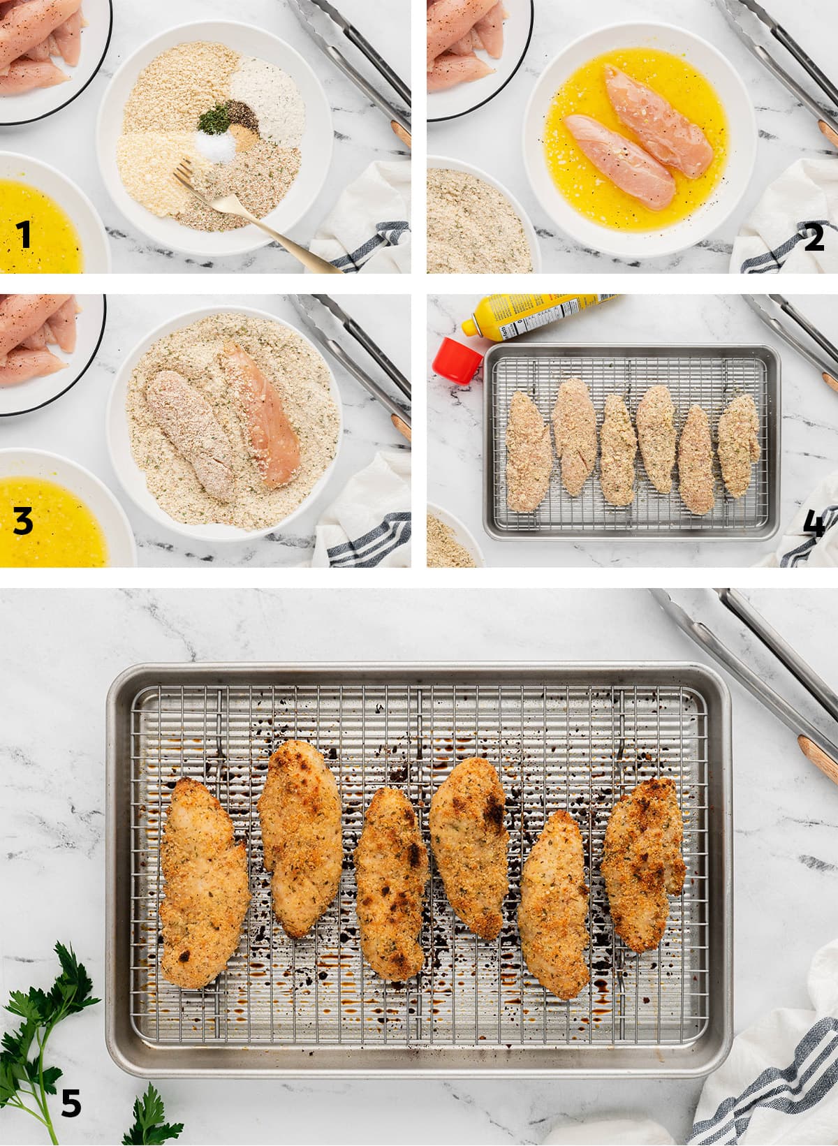 Collage of images showing how to make chicken strips.