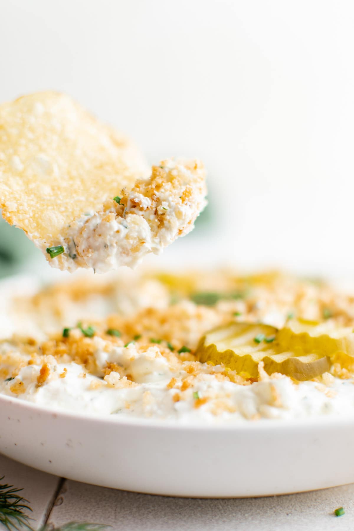 Fried pickle dip with chips. 