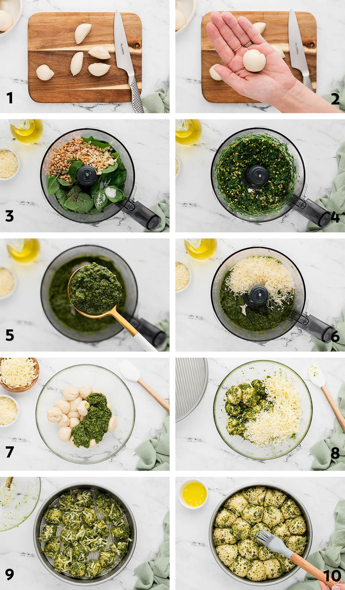 Collage of images showing steps for making pesto and a pull apart.