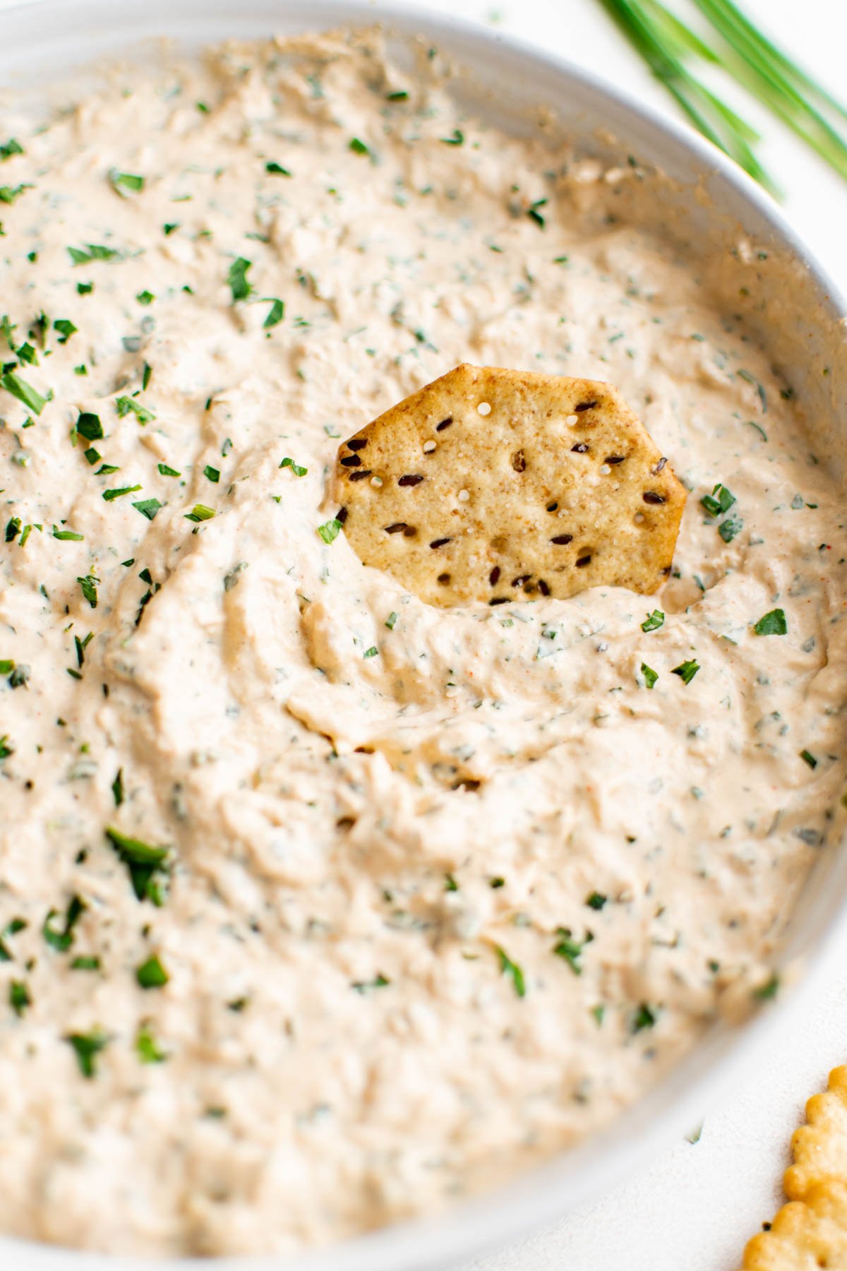 Smoked Tuna Dip in a white bowl with a cracker. 