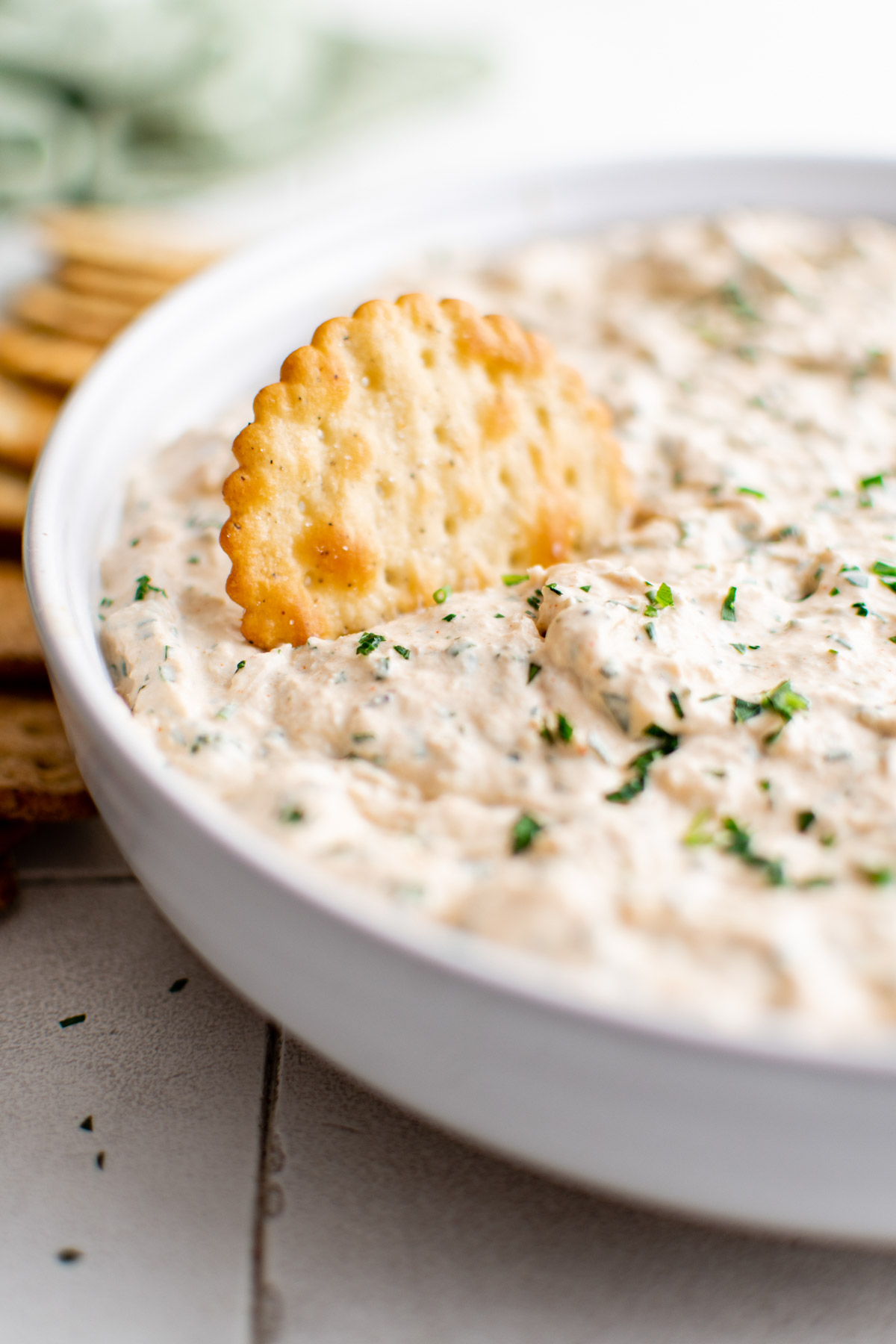 Tuna dip in a bowl with crackers.