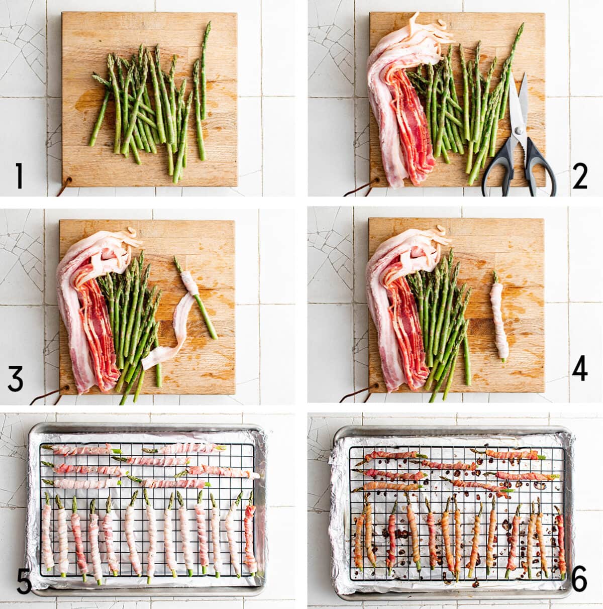 Collage of images showing how to make bacon wrapped asparagus. 