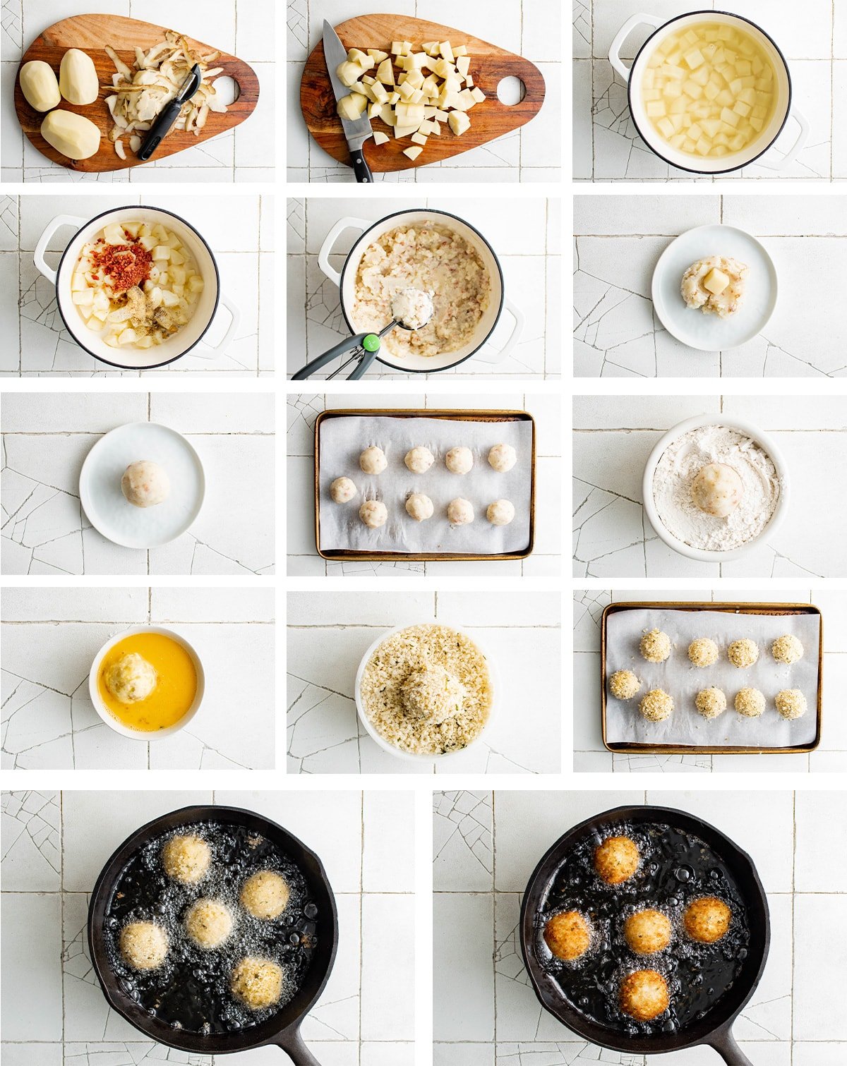 Collage of images showing how to make fried potato cheese balls.