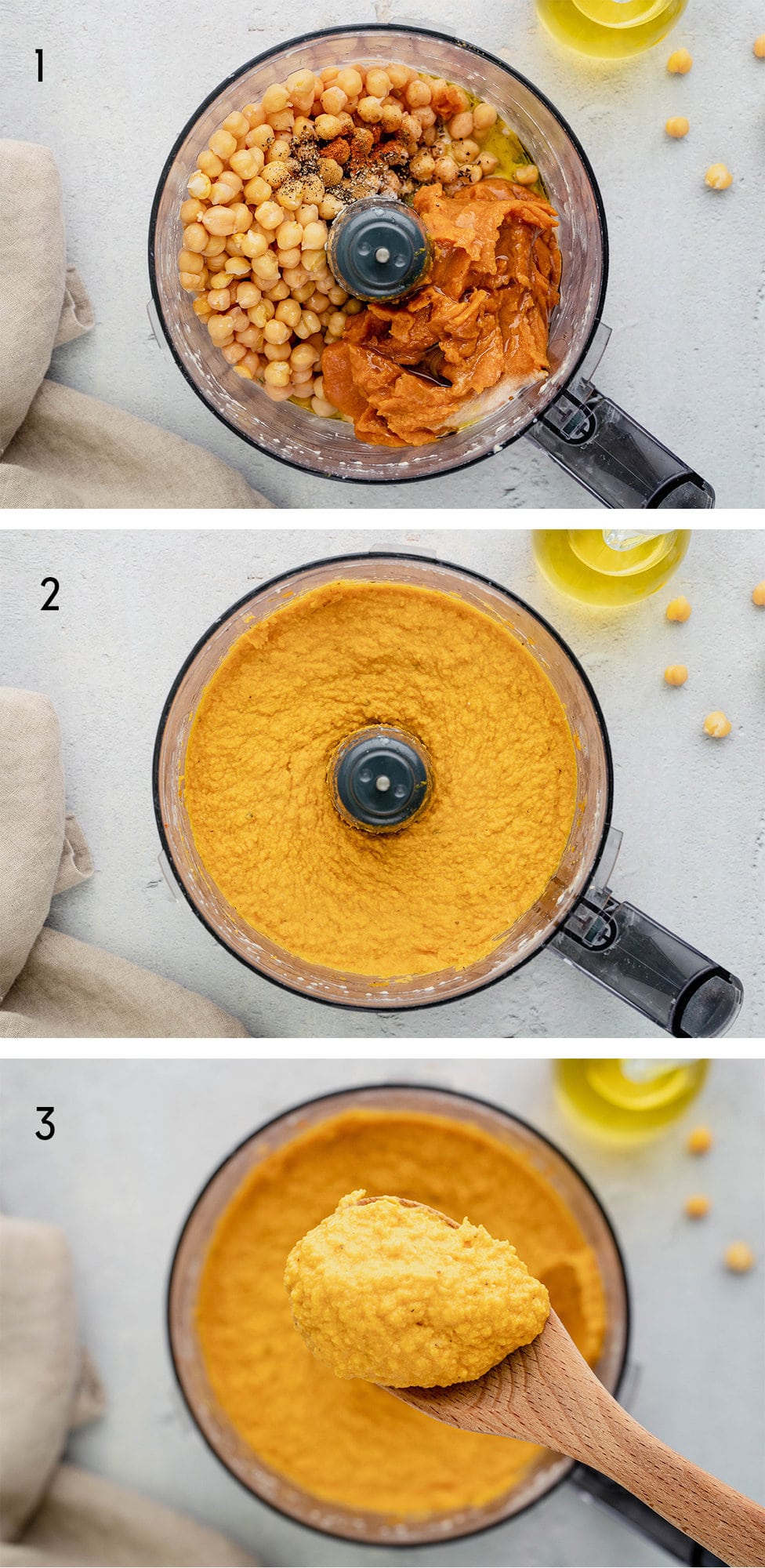 Collage of three images showing how to make hummus in a food processor.