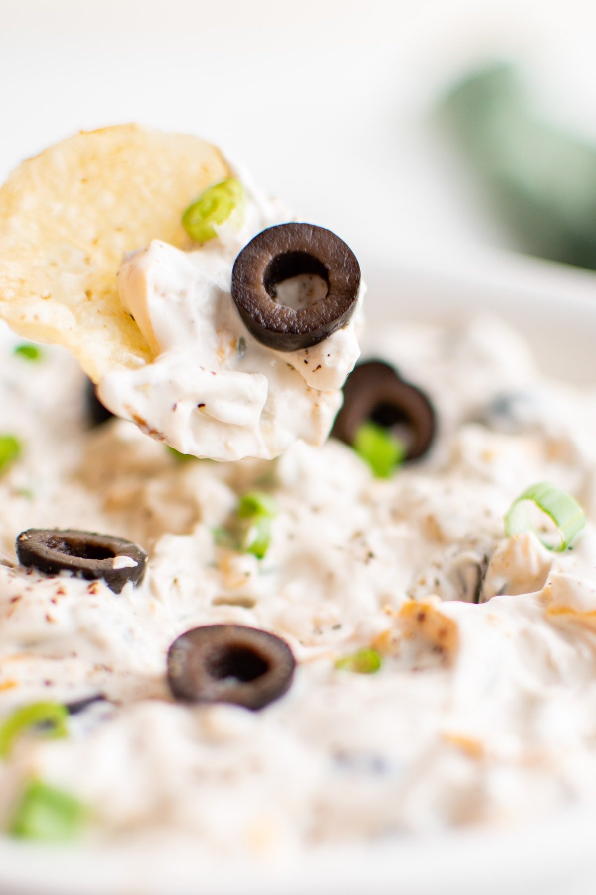 Close up of olive dip on a potato chip.